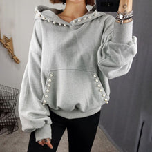 Load image into Gallery viewer, Women Solid Hoodie Autumn Spring 2020 Office Ladies Elegant Plain Beading Pullover Hooded Coat Korean Causal Tops Outwear Gray