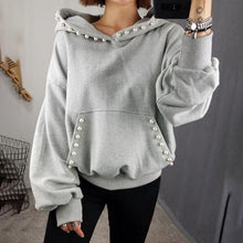 Load image into Gallery viewer, Women Solid Hoodie Autumn Spring 2020 Office Ladies Elegant Plain Beading Pullover Hooded Coat Korean Causal Tops Outwear Gray
