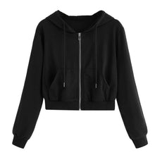 Load image into Gallery viewer, Women Hooded Sweatshirt Short Cropped Tops Pullovers For Women Fashion Casual Black White Long Sleeve Zipper Pocket Hoodies

