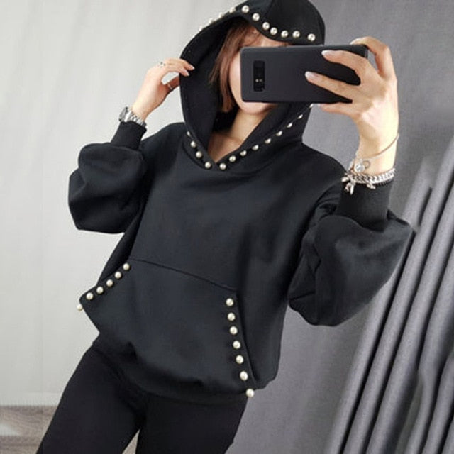 Women Solid Hoodie Autumn Spring 2020 Office Ladies Elegant Plain Beading Pullover Hooded Coat Korean Causal Tops Outwear Gray