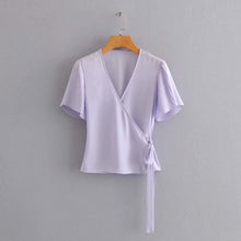 Load image into Gallery viewer, new 2020 women cross v neck solid lace up bow Shirt pleated short sleeve blouses women roupas femininas chemise shirts LS6587
