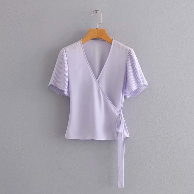 new 2020 women cross v neck solid lace up bow Shirt pleated short sleeve blouses women roupas femininas chemise shirts LS6587